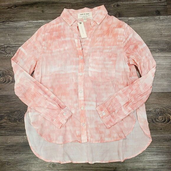 NEW Cloth & Stone Anthro Top S Pink White Lightweight Button-Front V-Neck Blouse - Picture 1 of 11